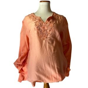 Chicos Peach Coral Beaded Embroidered Linen Blend Tunic Top Long Sleeve Sz 2 M